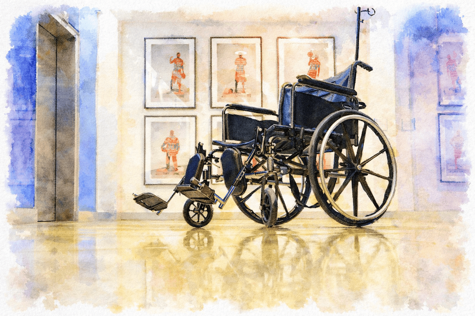 Empty wheelchair in hospital hallway