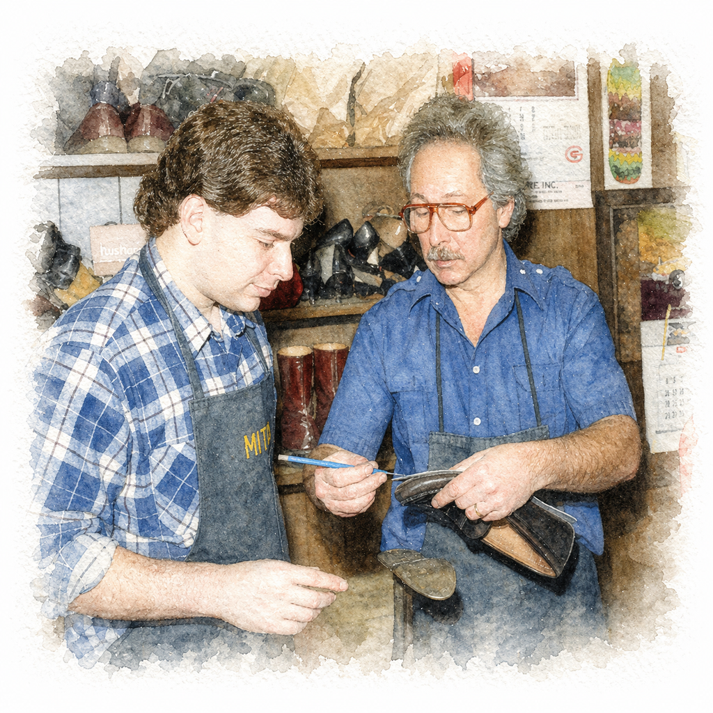 Robert teaches Mitch to fix shoes.