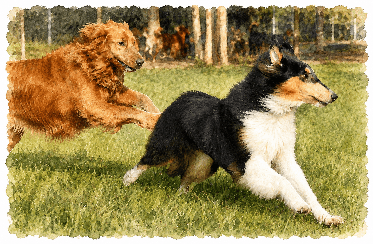 Roxy chases a curious collie at the dog park